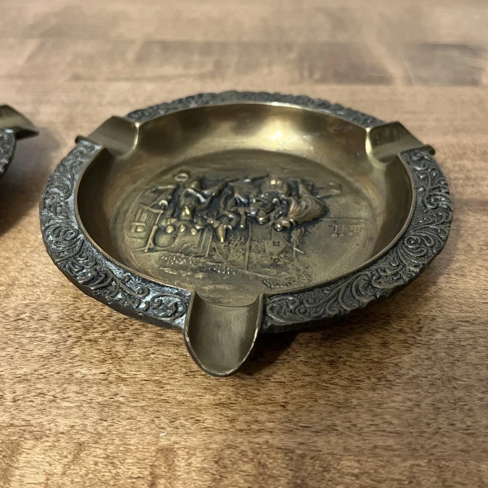 Vintage Lot Of 2 Brass Cigar Ashtray‎ Ornate Grape Wine Celebration Scene